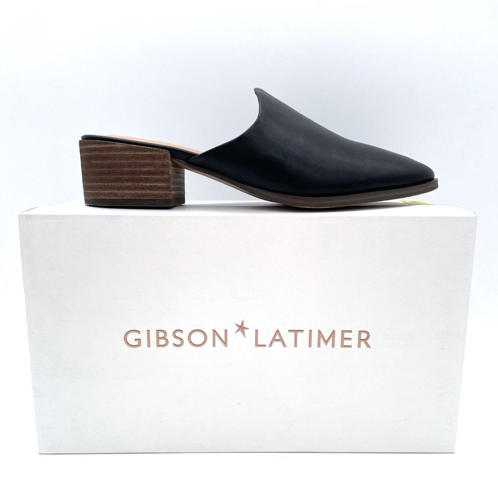 Gibson Latimer Black Leather Pointed Toe Block‎ Heel Mules Slides Size 8M